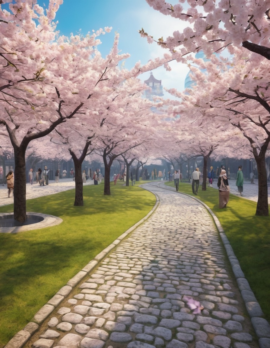 cityscape, peaceful, cherry blossoms, spring, nature, serenity, city