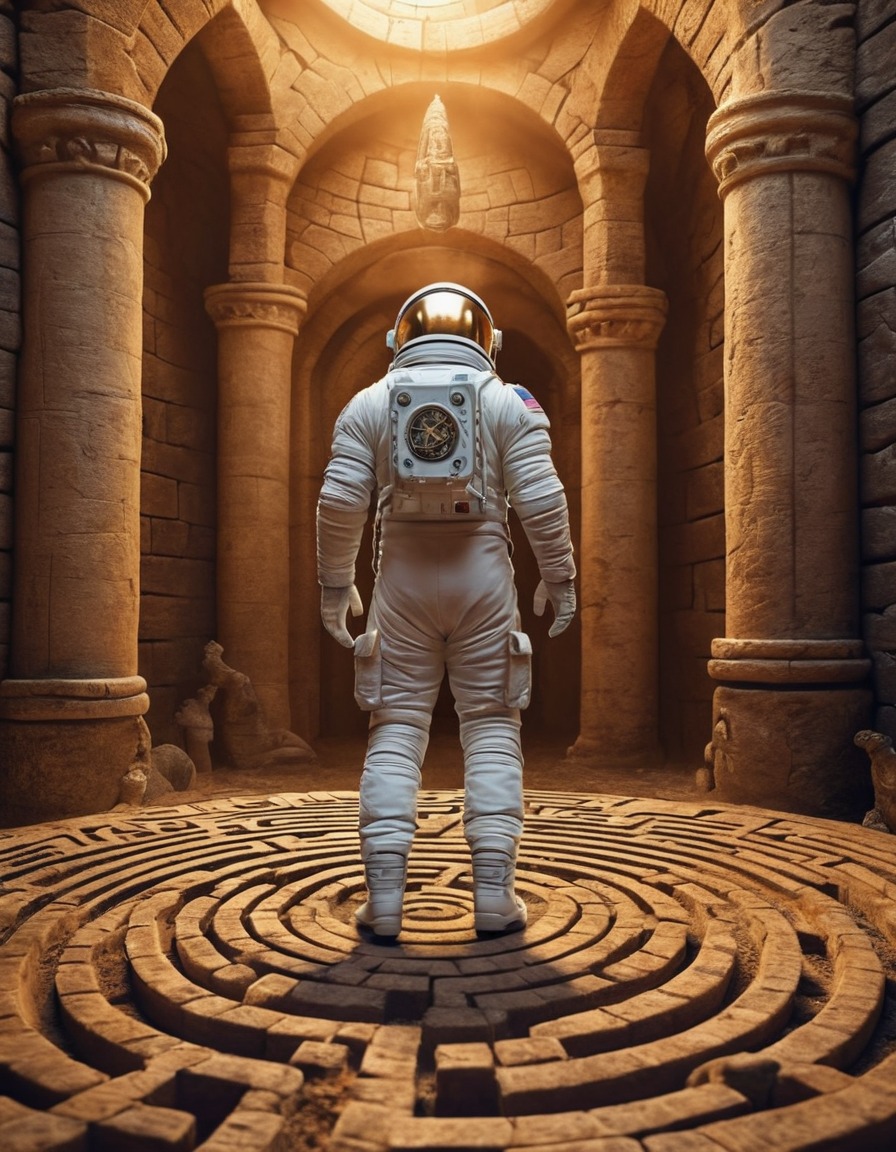 astronaut, spacesuit, medieval, labyrinth, exploration, artifacts, art