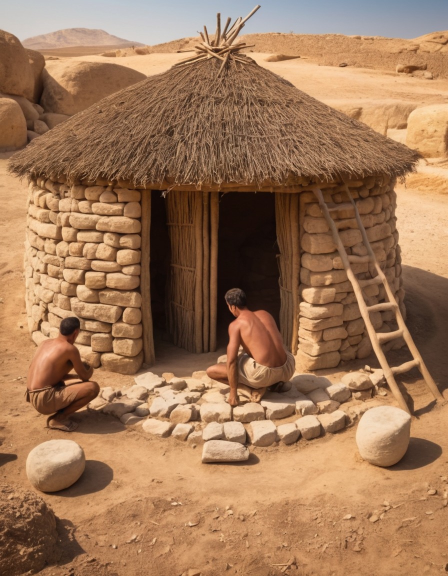 ancient civilization, stone construction, rural village, neolithic era, middle east, 6000 bc, construction work