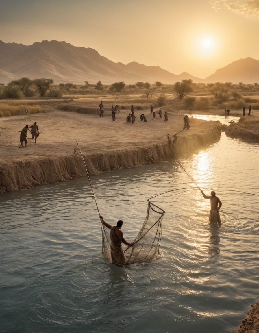 ancient civilization, mesopotamia, fishermen, fishing techniques, nets, river, 4000 bc