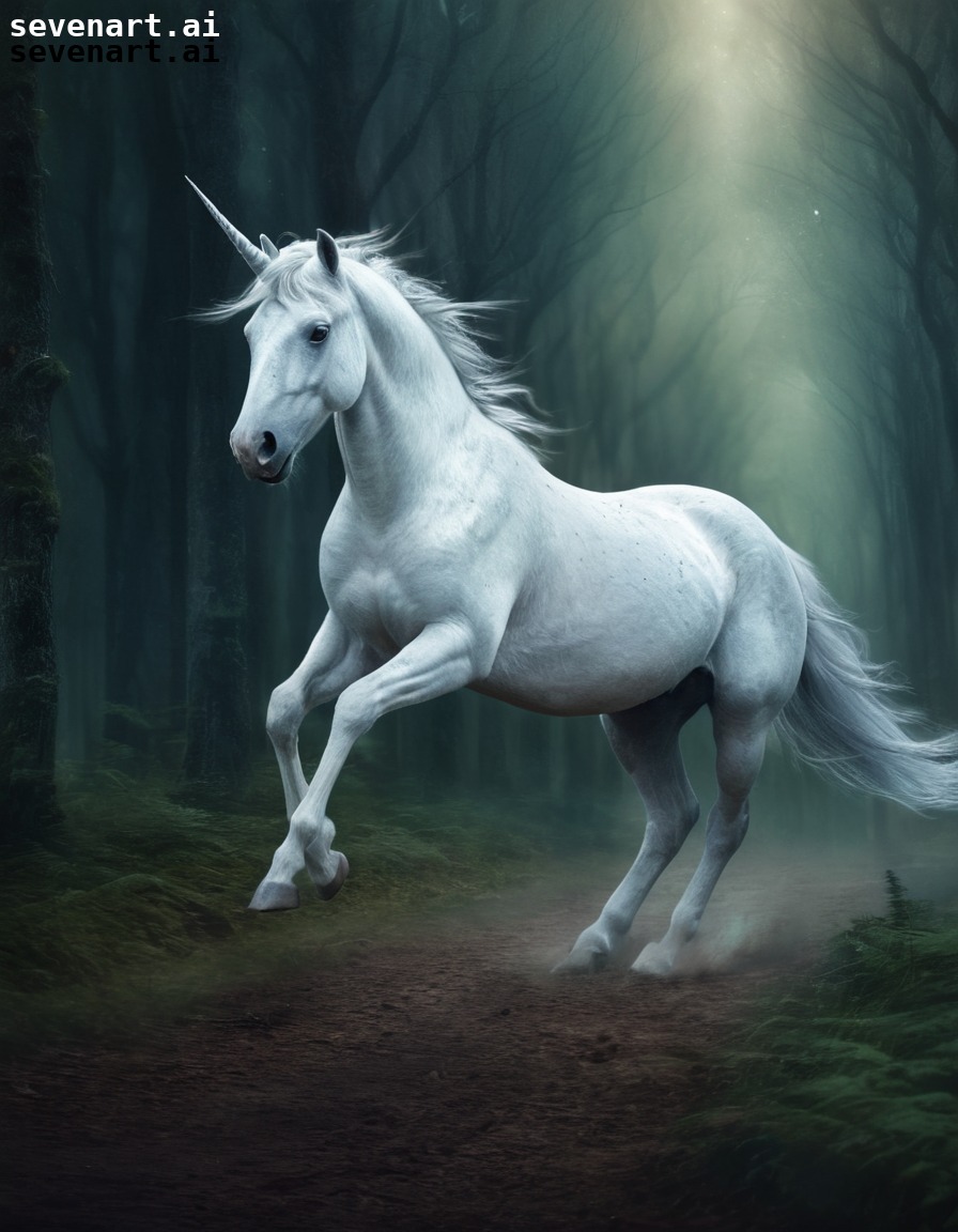 unicorn, mystical, galloping, shimmering, forest