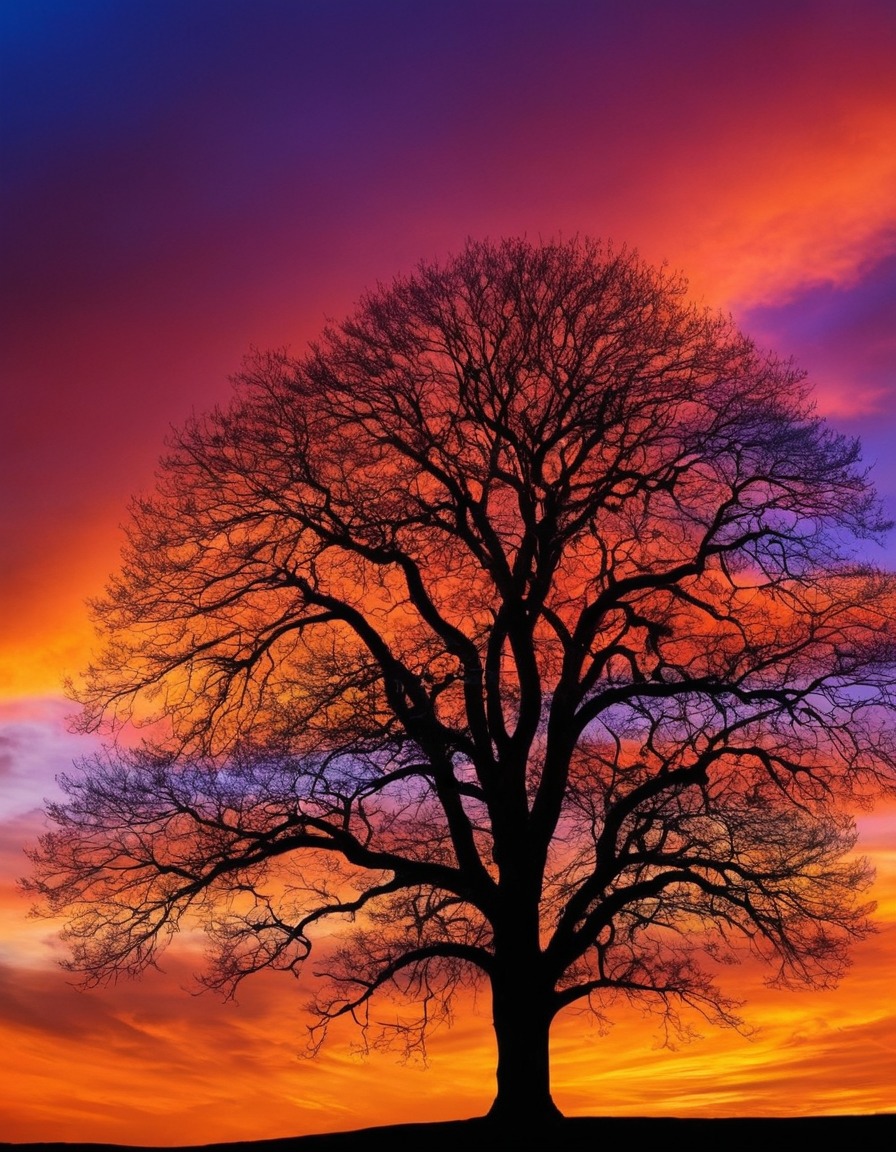 nature, tree, silhouette, sunset, sky, colorful