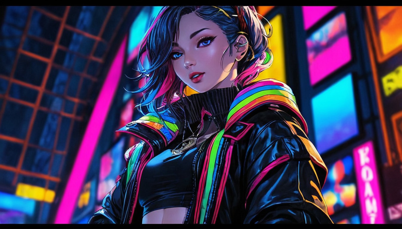 digitalart, anime, characterdesign, videogamefanart, cyberpunk, neon, popart