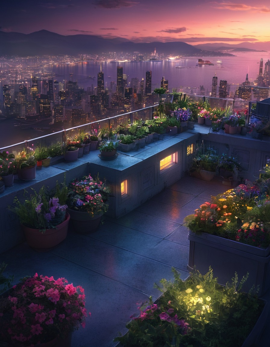 rooftop garden, city lights, skyline view, urban landscape, peaceful escape, modern city, city