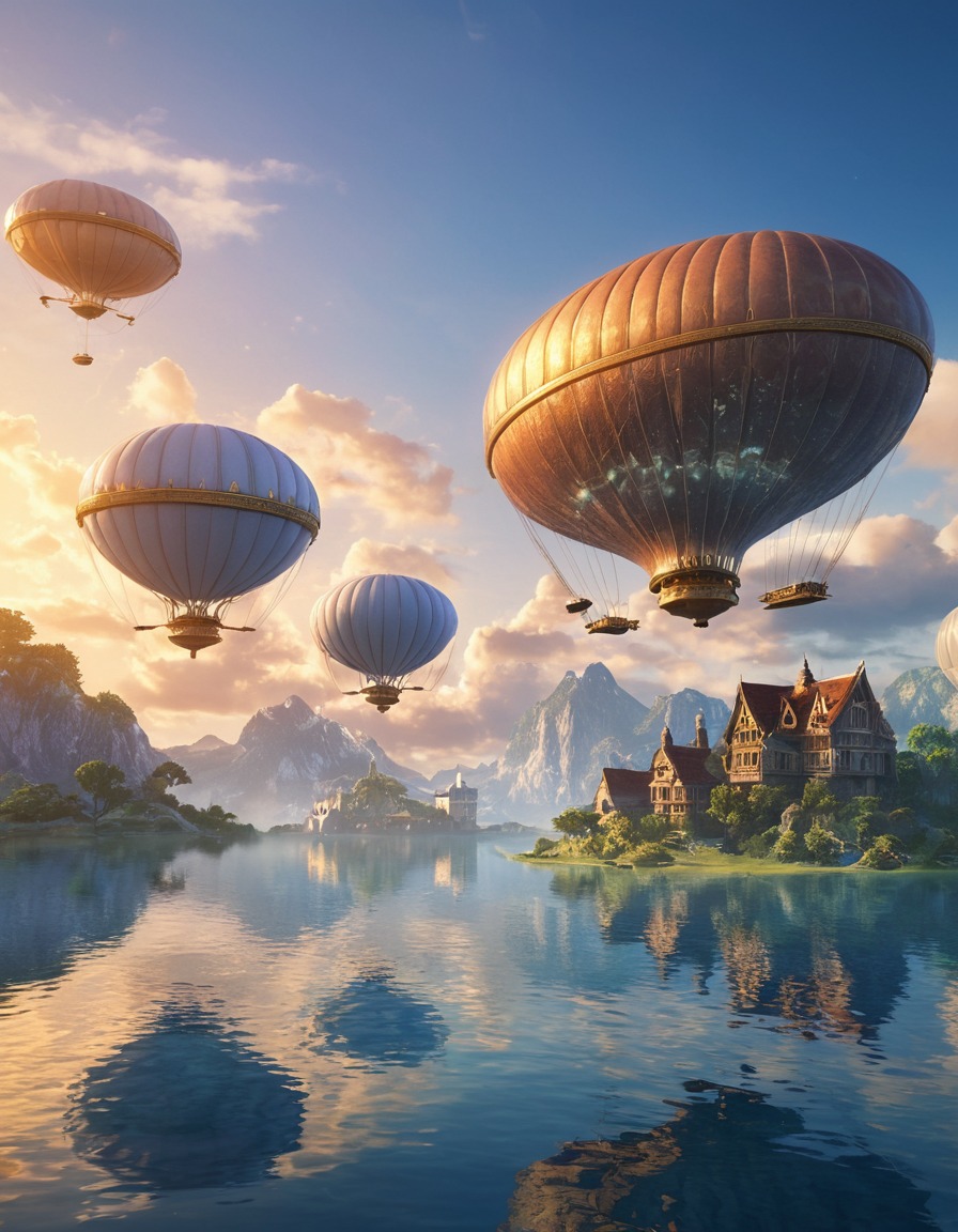 fantasy, sky, floating islands, airships, magic, entities, fantastic