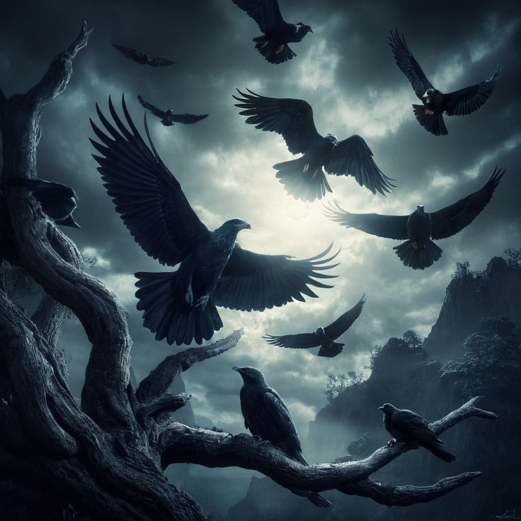 digitalart, fantasyart, wallpaper, bird, photography, magic, horror, gothic, forest, sky, photomanipulation, ravens