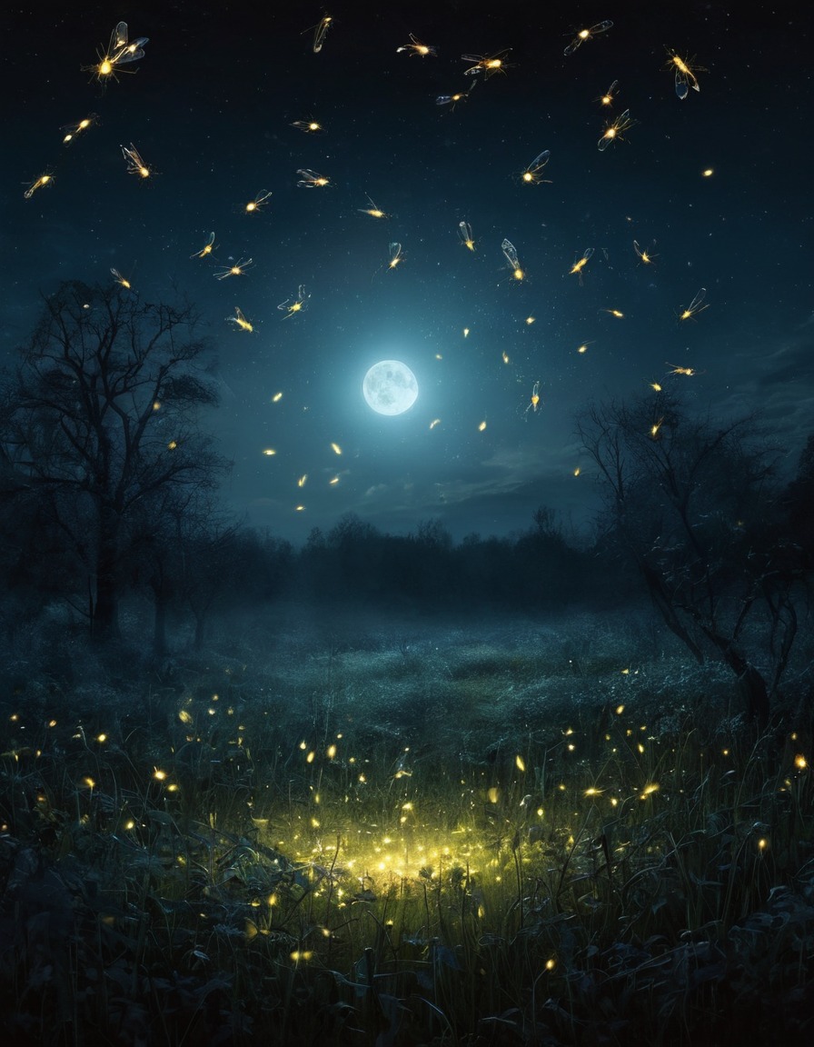 mystical, fireflies, moonlit meadow, glowing, circle, nature, night