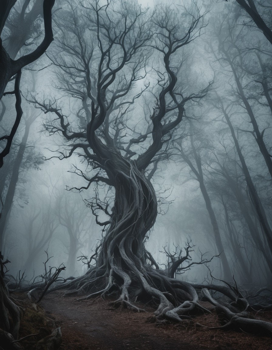 forest, eerie, twisted trees, fog, nature, spooky, gothic, underground, dark