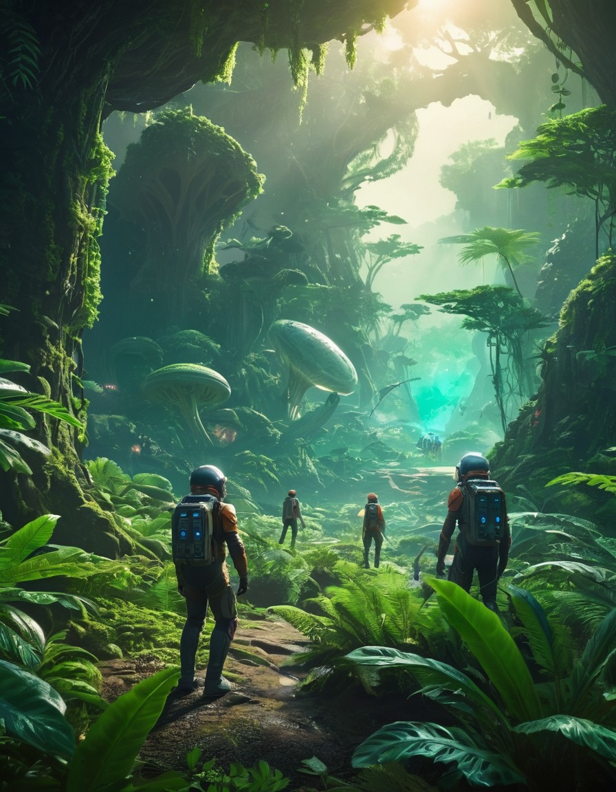 space exploration, alien planet, alien jungle, scientists, lush environment, extraterrestrial, adventure