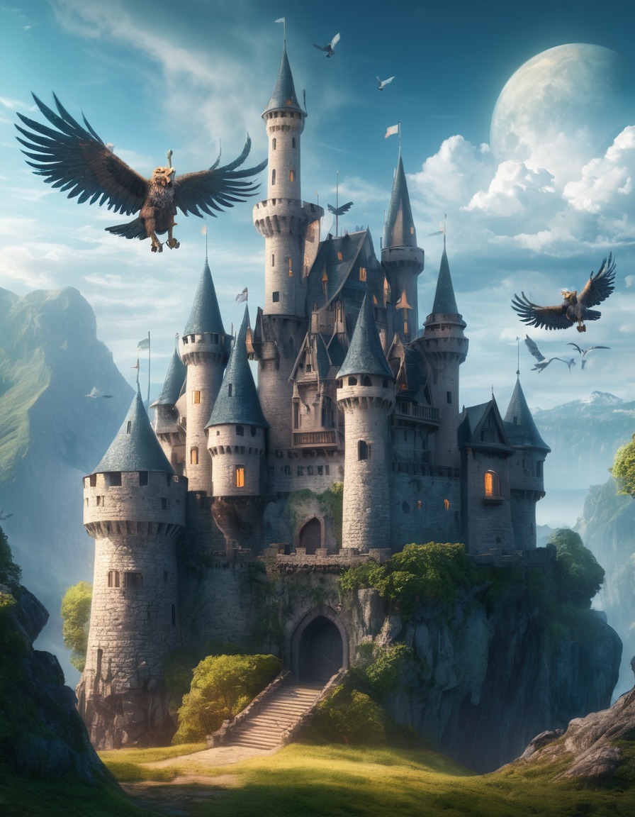 castle, enchanted, mystical, griffins, fantasy