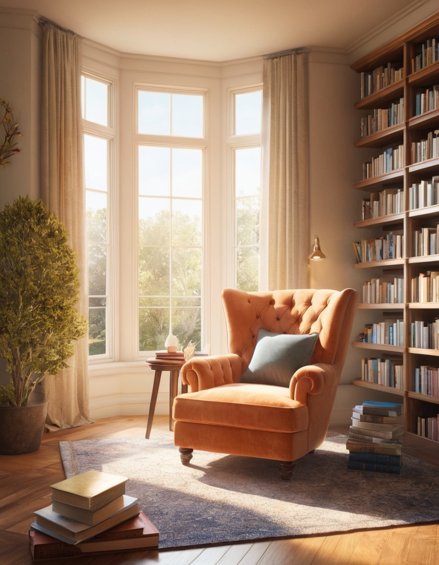 sunlit, reading nook, armchair, books, home, interior