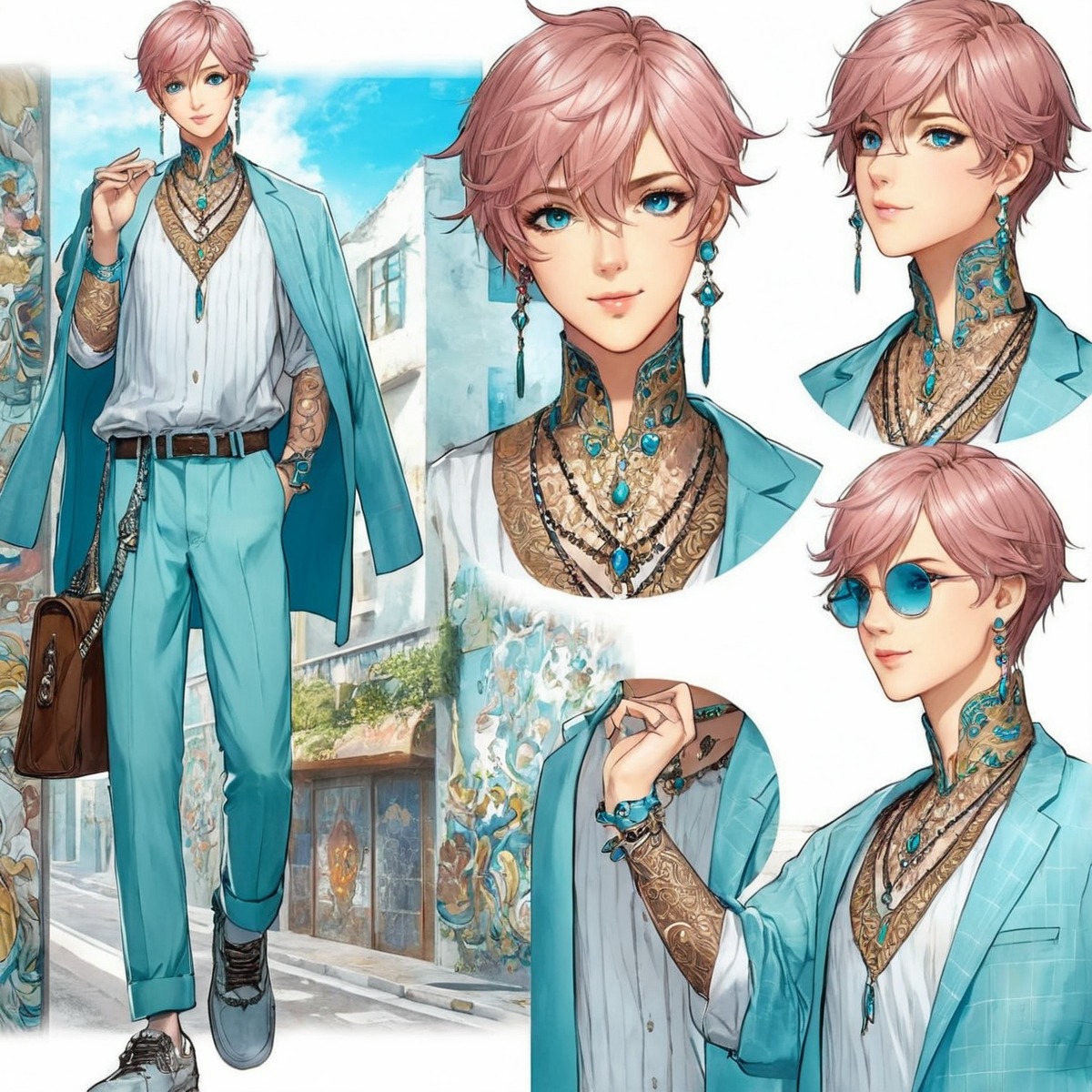 digitalart, anime, characterdesign, adoptable, originalcharacter, adoptablesopen, characterconcept, animeboy, malecharacter, referencesheet, humanoid, adoptables, animestyle, attractive, attractivemen, cuteadorable, greeneyes, idol, man, manga, mangastyle, pinkhair, roleplay, tattoo, aiart, adoptadoptable, adoptableboy, idol_outfit, tattoedboy, genshin_impact