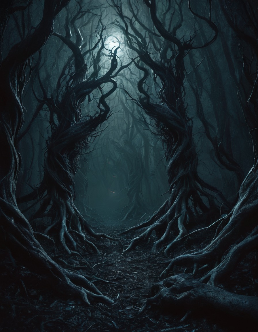 dark, forest, twisted trees, glowing eyes, shadows, gothic, underground