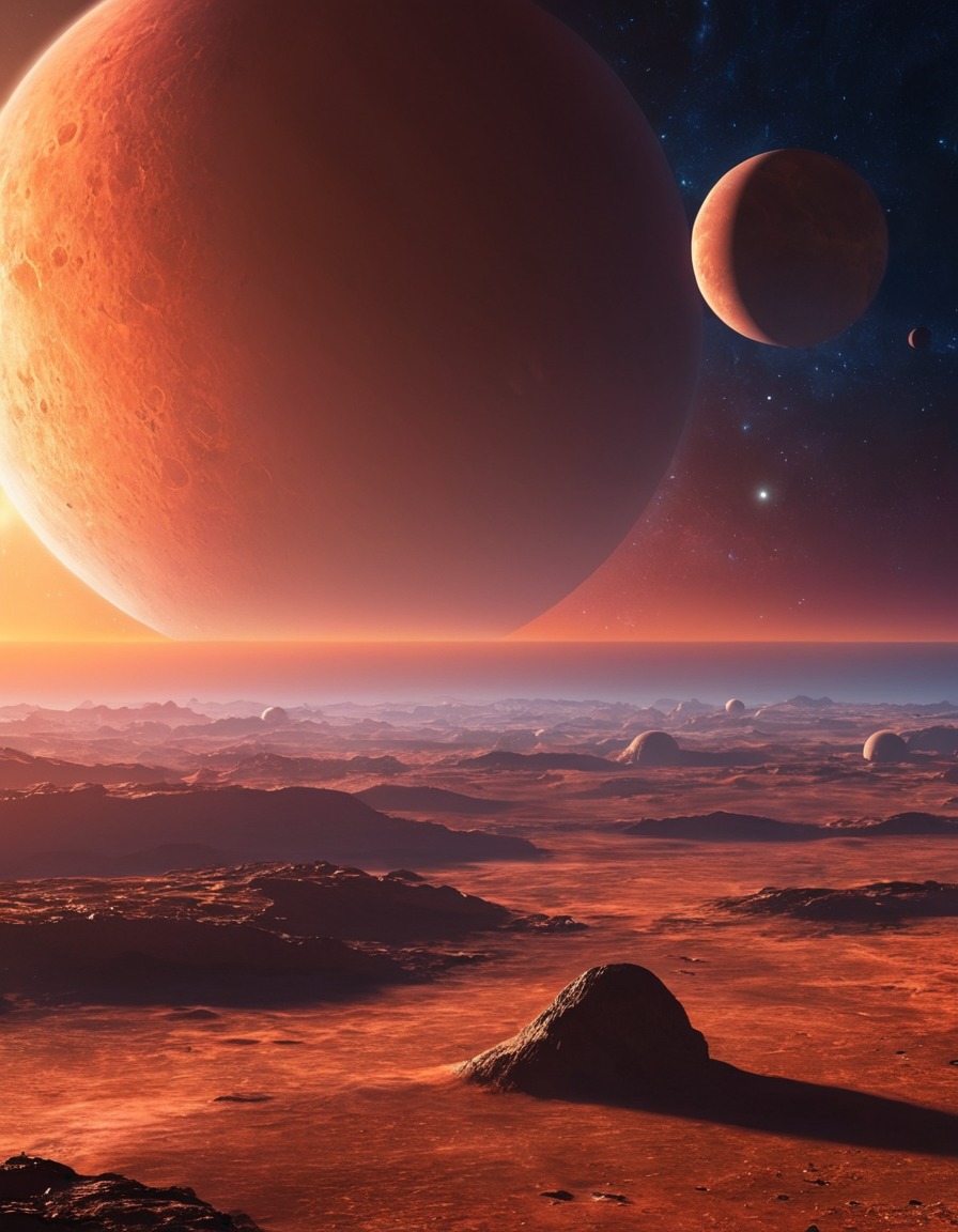 sunrise, distant planet, multiple moons, space scene