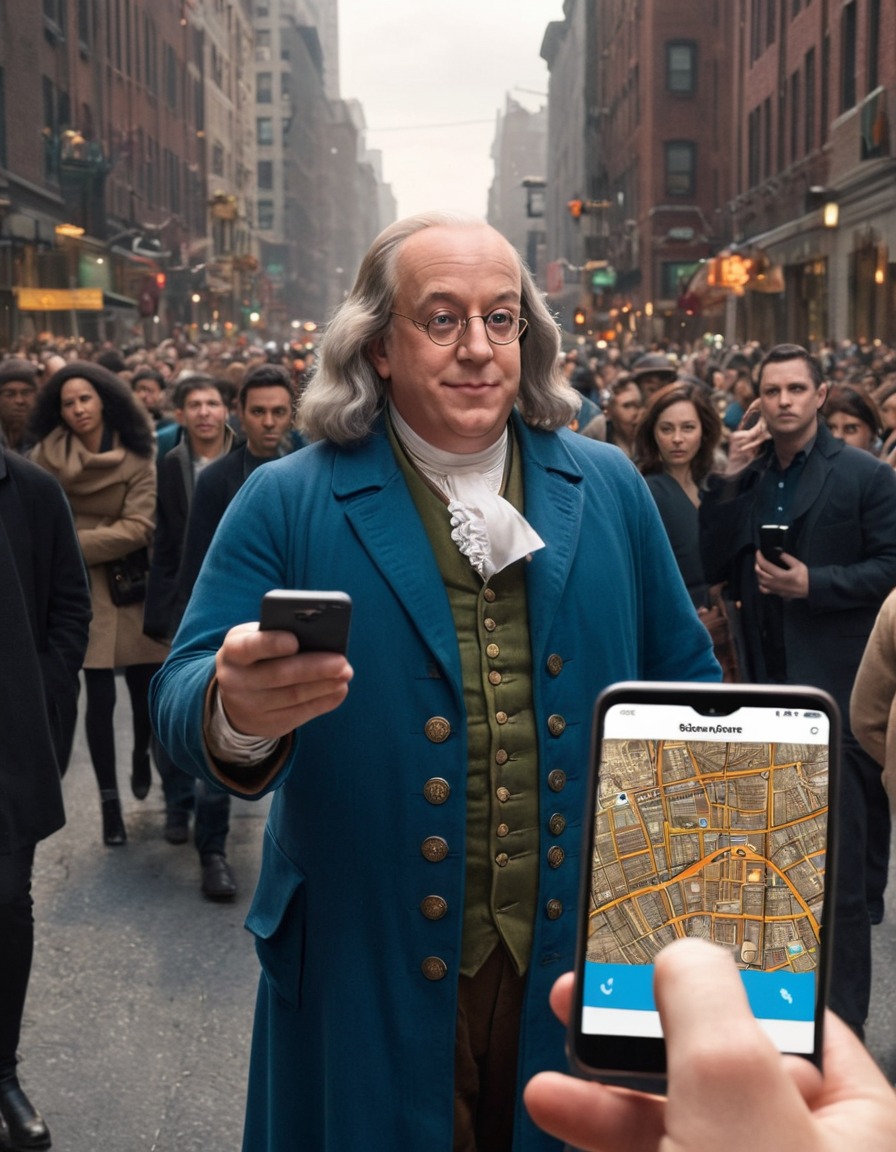 benjamin franklin, smartphone, navigation, city, historical, modern technology