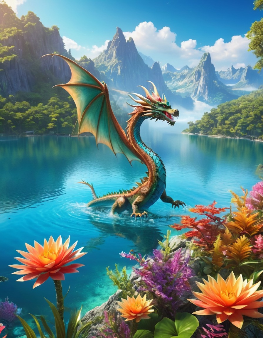 dragon, fantasy, lake, nature, mythology, majestic, fantastic