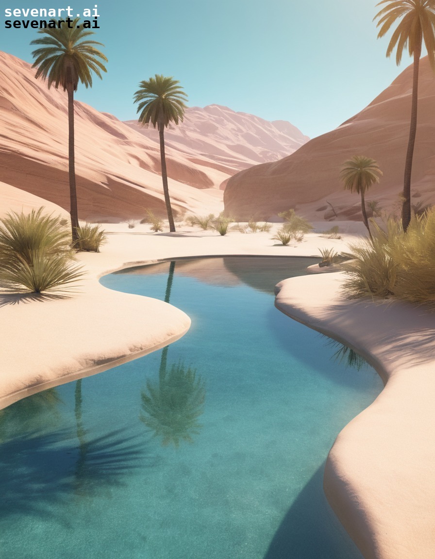 desert oasis, palm trees, tranquil, water reflection, serenity, nature