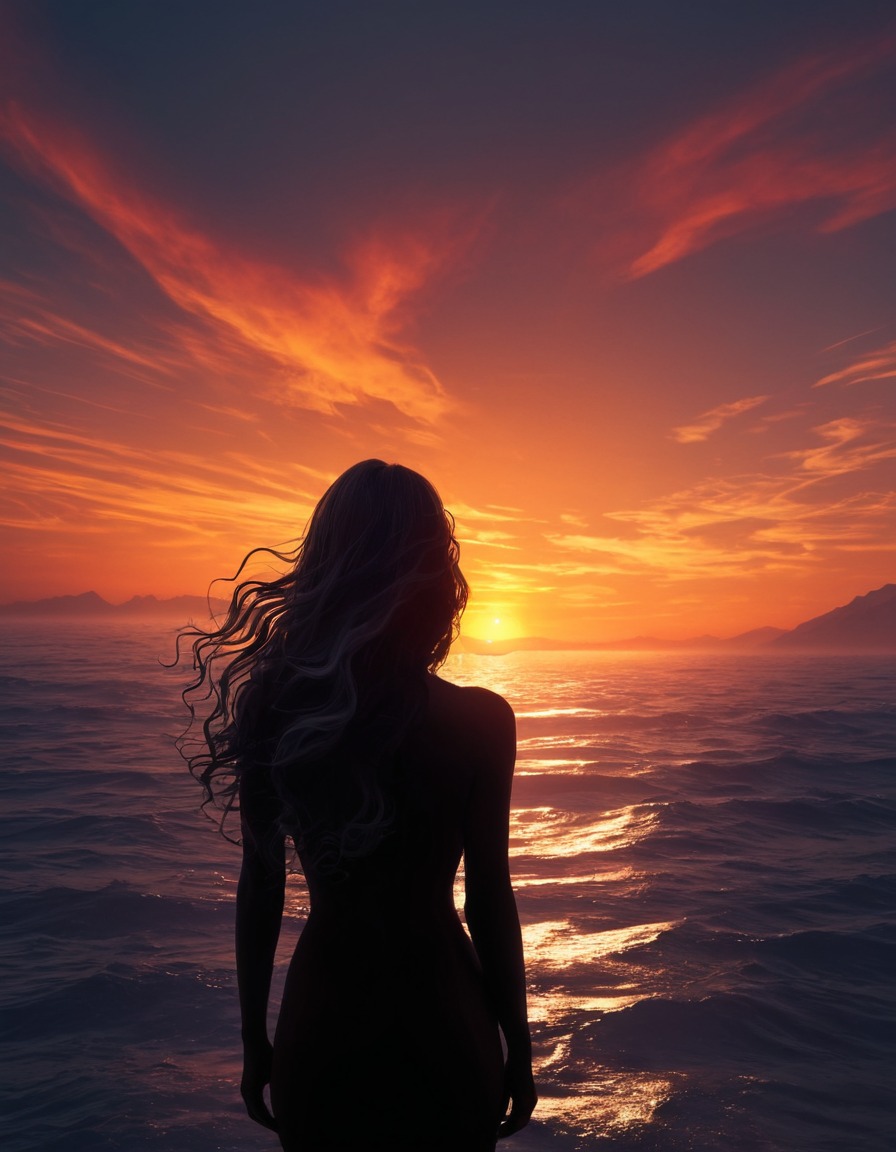 sunset, silhouette, mystery, woman, beautiful