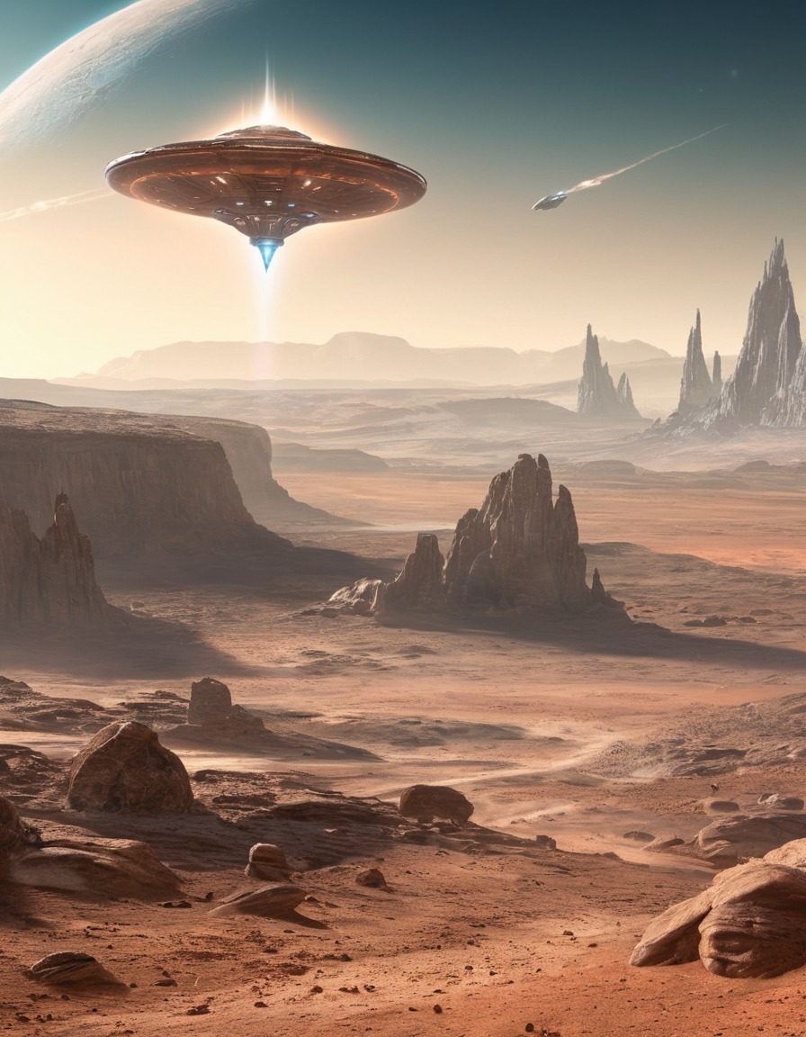 alien, mothership, landing, barren planet, rocky planet, space scene, extraterrestrial