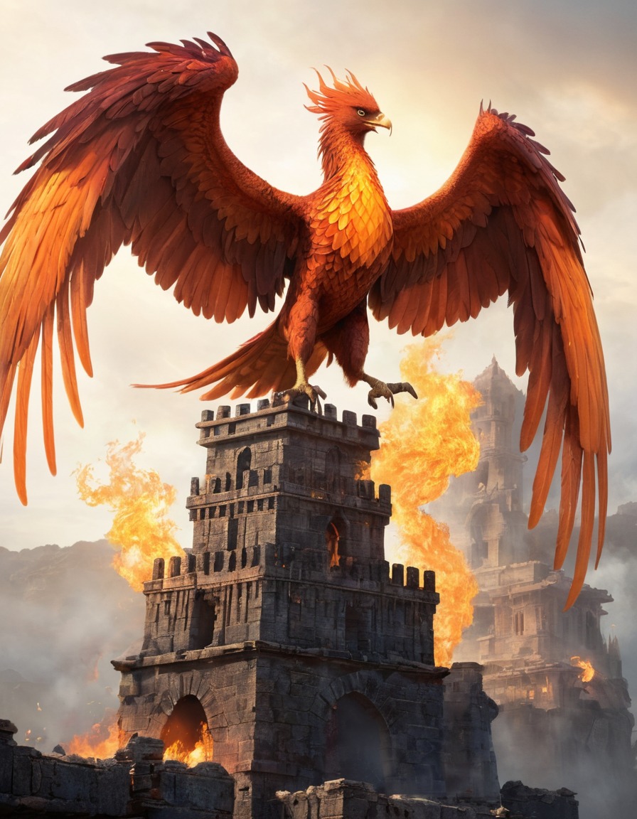 phoenix, tower, firebreathing, fantasy, mythical creature