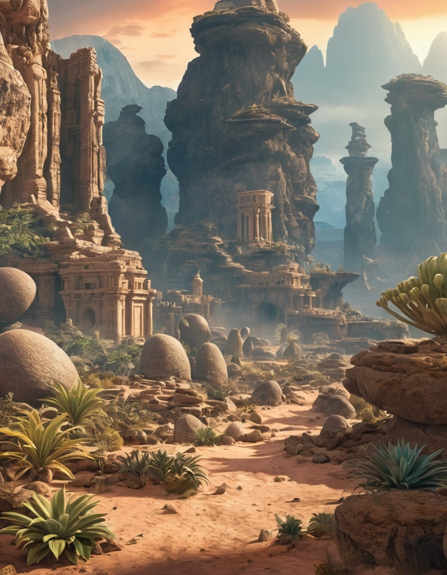 alien landscape, ancient ruins, mysterious, bizarre plants, extraterrestrial, aliens