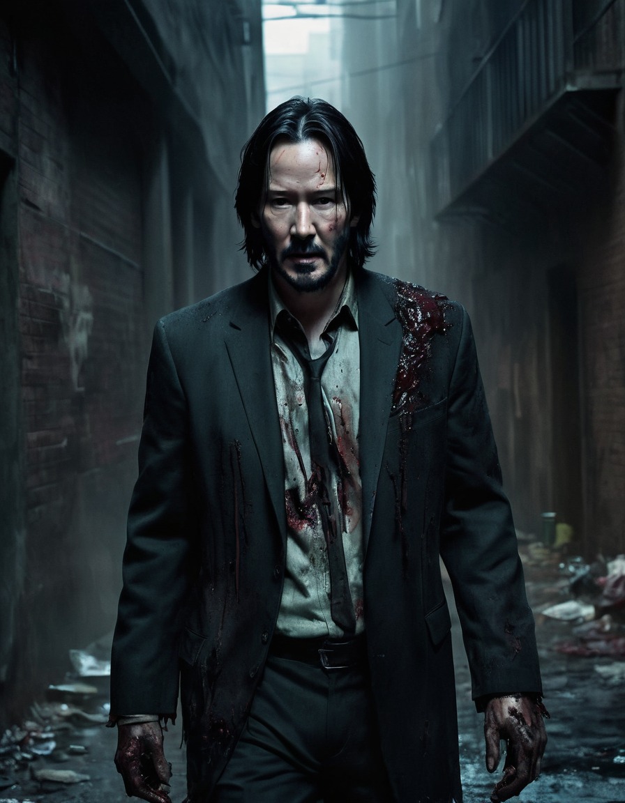 keanu reeves, zombie, dark alley, haunting stare, tattered clothing, celebrities