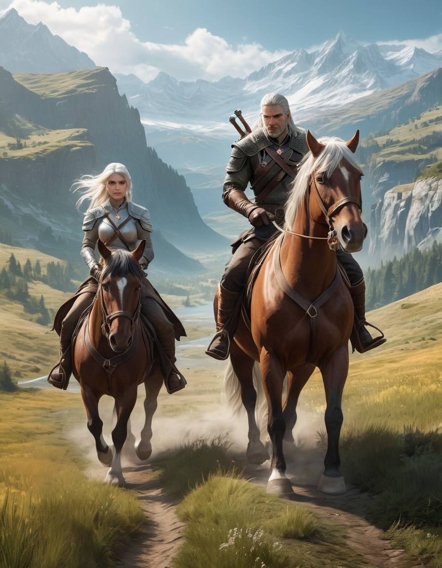 geralt, ciri, horse riding, landscape, mountains, adventure, computer games