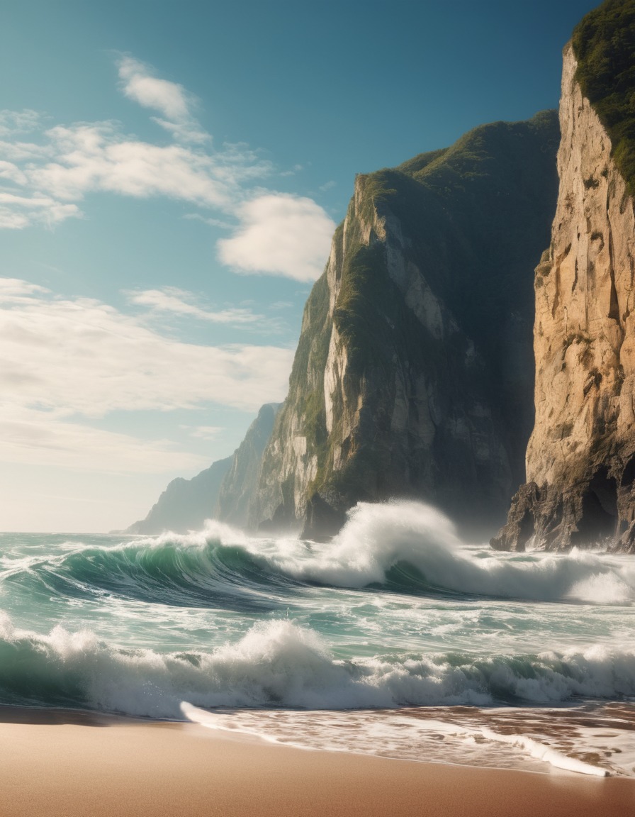 beach, sea cliffs, waves, serene, nature