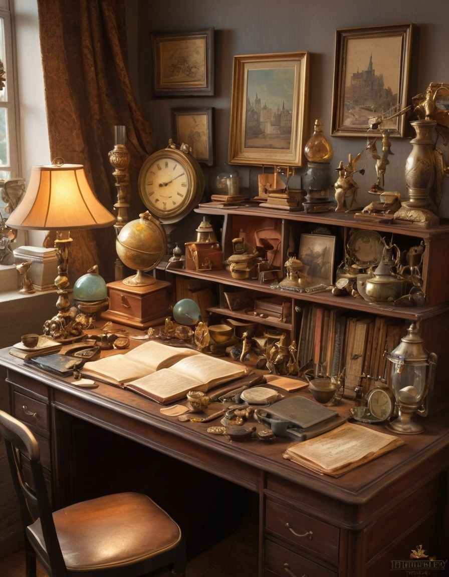 antique, cluttered, desk, memorabilia, vintage