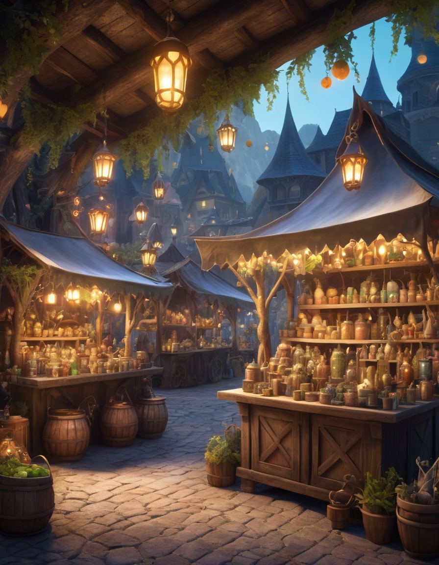 fantasy, marketplace, enchanted trinkets, potions, magical creatures, fantastic