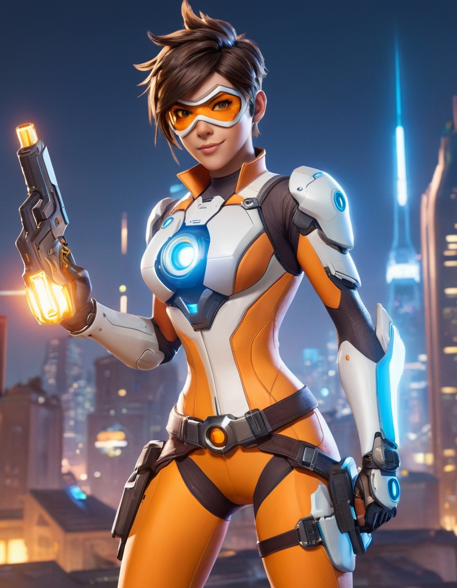 tracer, overwatch, futuristic, cityscape, games, girls from games