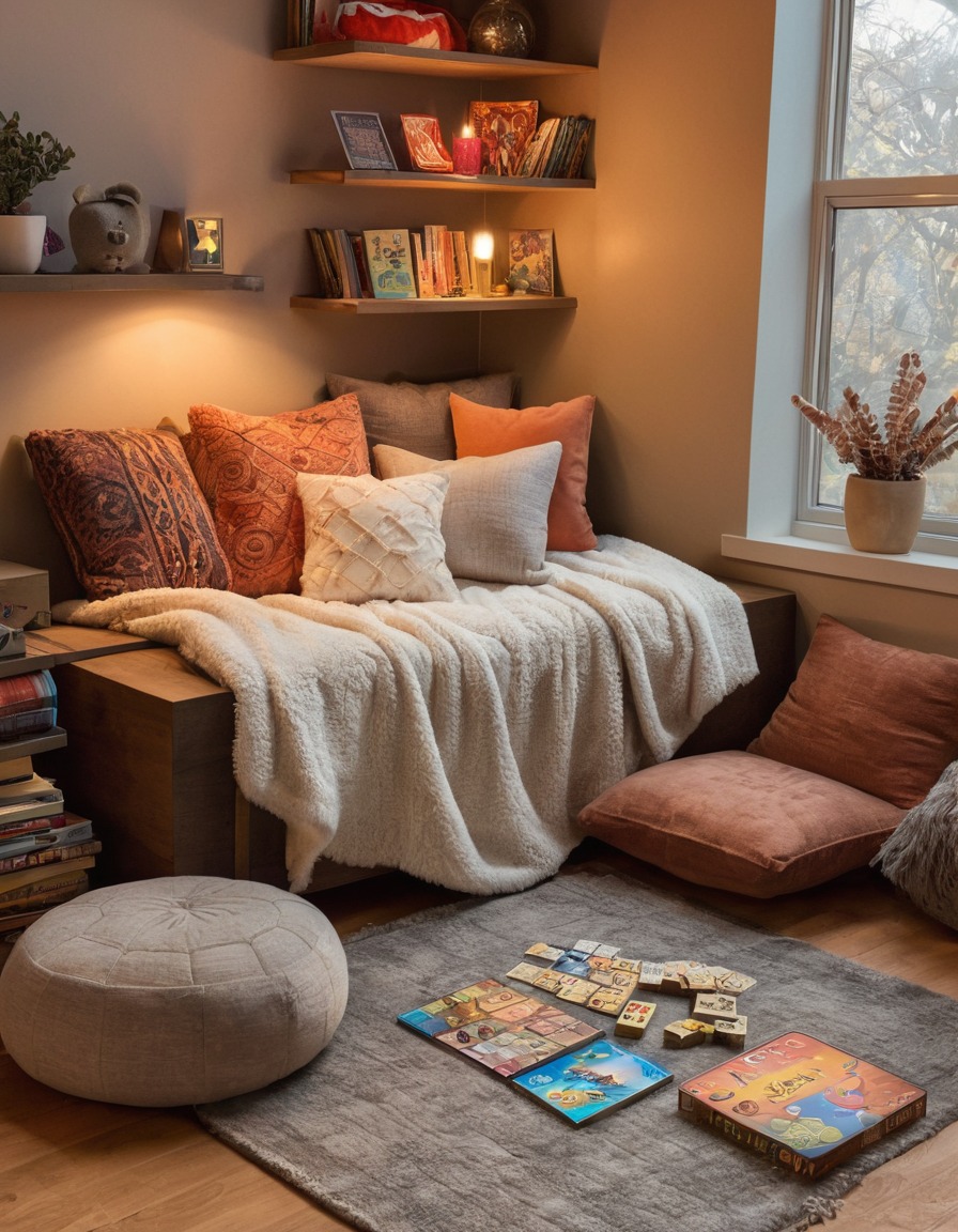 cozy, pillows, blankets, board games, home, interior