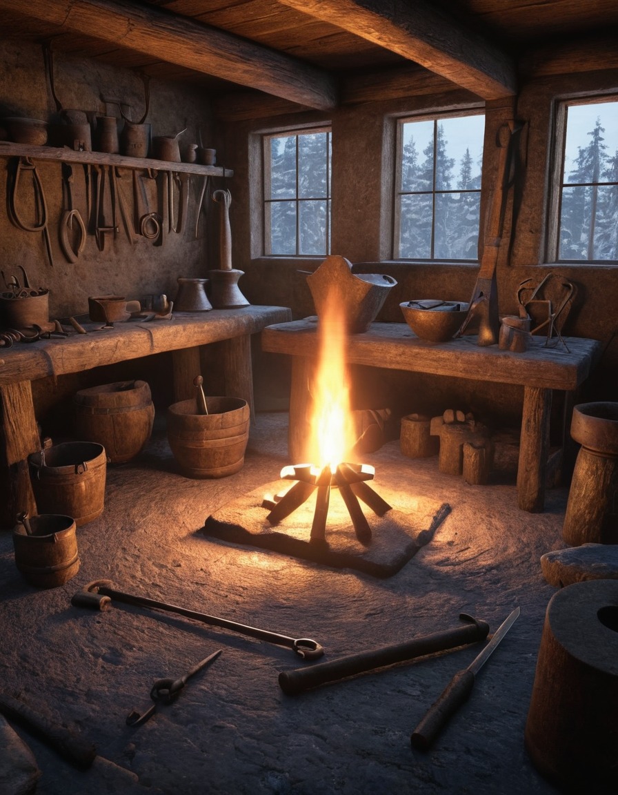 ancient blacksmith, forging tools, viking age, scandinavia, 800 ad, workshop, craftsmanship