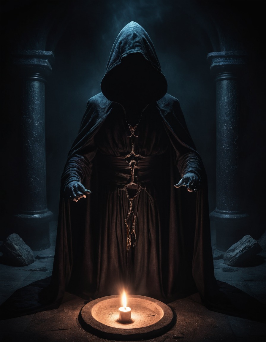 dark ritual, hooded figure, candlelit chamber, occult practice, gothic, underground, dark