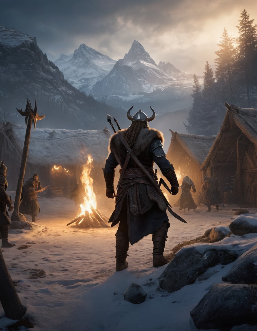 viking, warrior, assassin's creed valhalla, stealth, enemy camp, video game, night, computer games