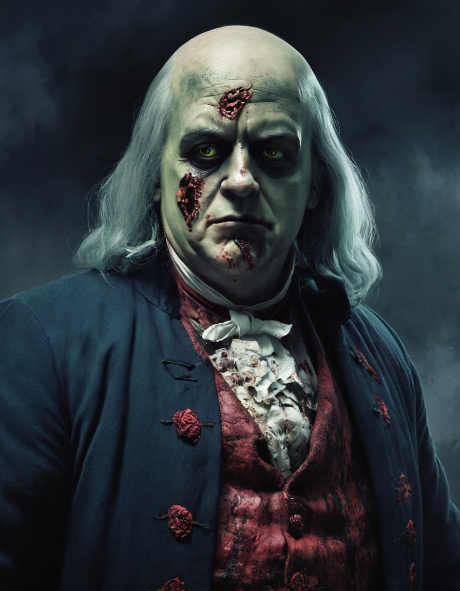 benjamin franklin, zombie, undead, horror, illustration, 18th century, menacing