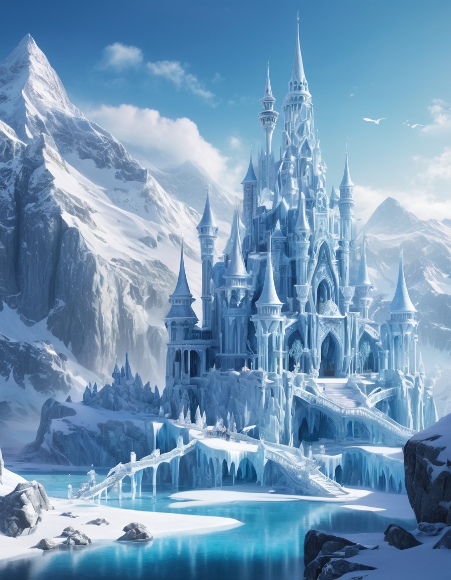 snow queens, ice palaces, mystical creatures, mountains, winter landscape, fantastic