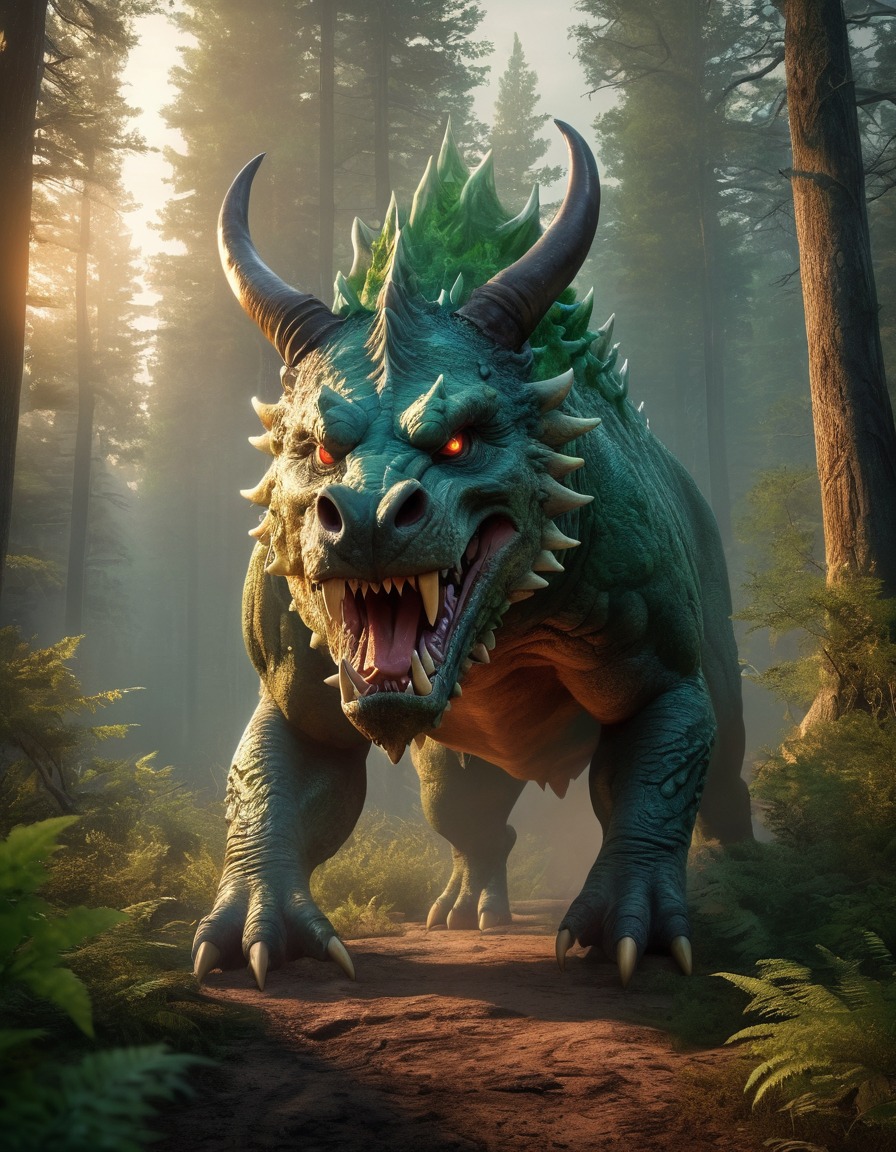 hodag, mythical creature, forest, sunset, majestic