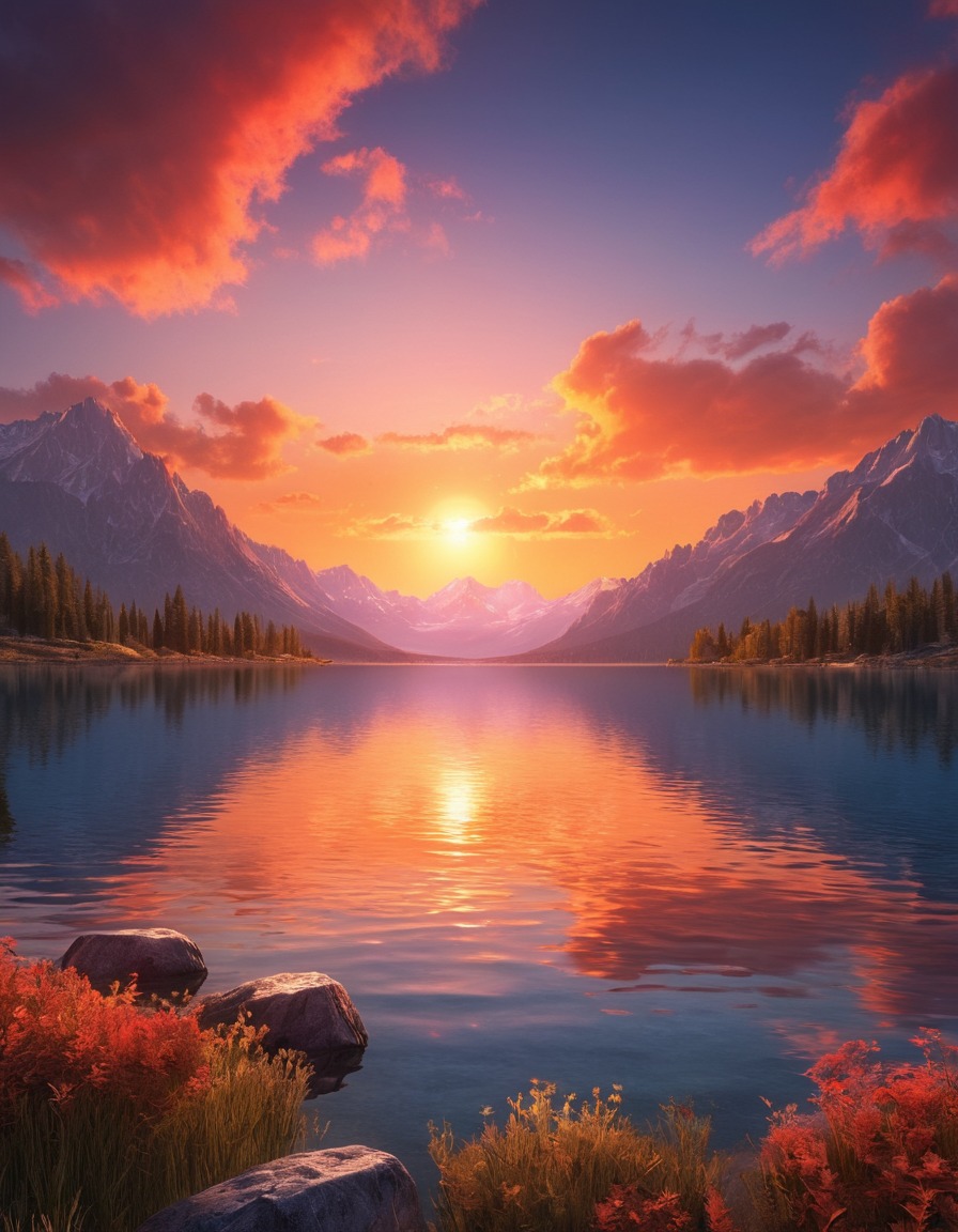 sunset, vibrant, mountain, lake, nature, calm