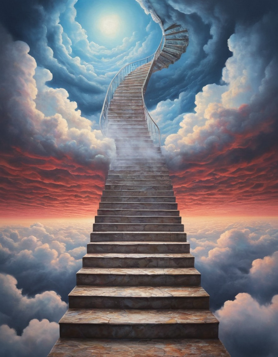 staircase, sky, clouds, surrealism, fantasy, surreal