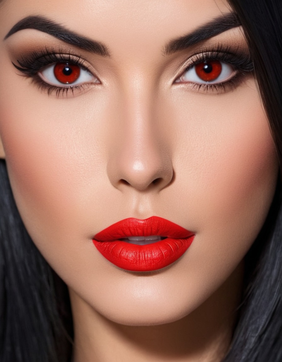 fierce eyes, beautiful lady, jet black hair, sharp nose, red lips, beauty