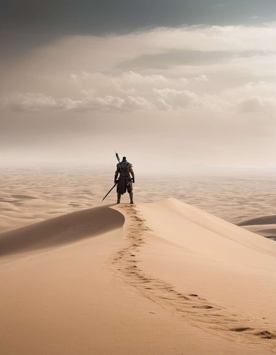 warrior, sand dune, barren landscape, solitude, mad max