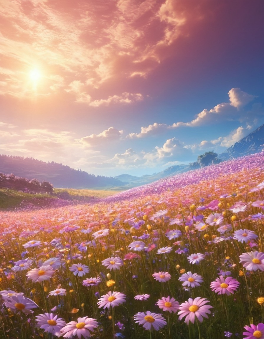 field of flowers, shimmering, color-changing, fantasy landscape, nature, magical, wind