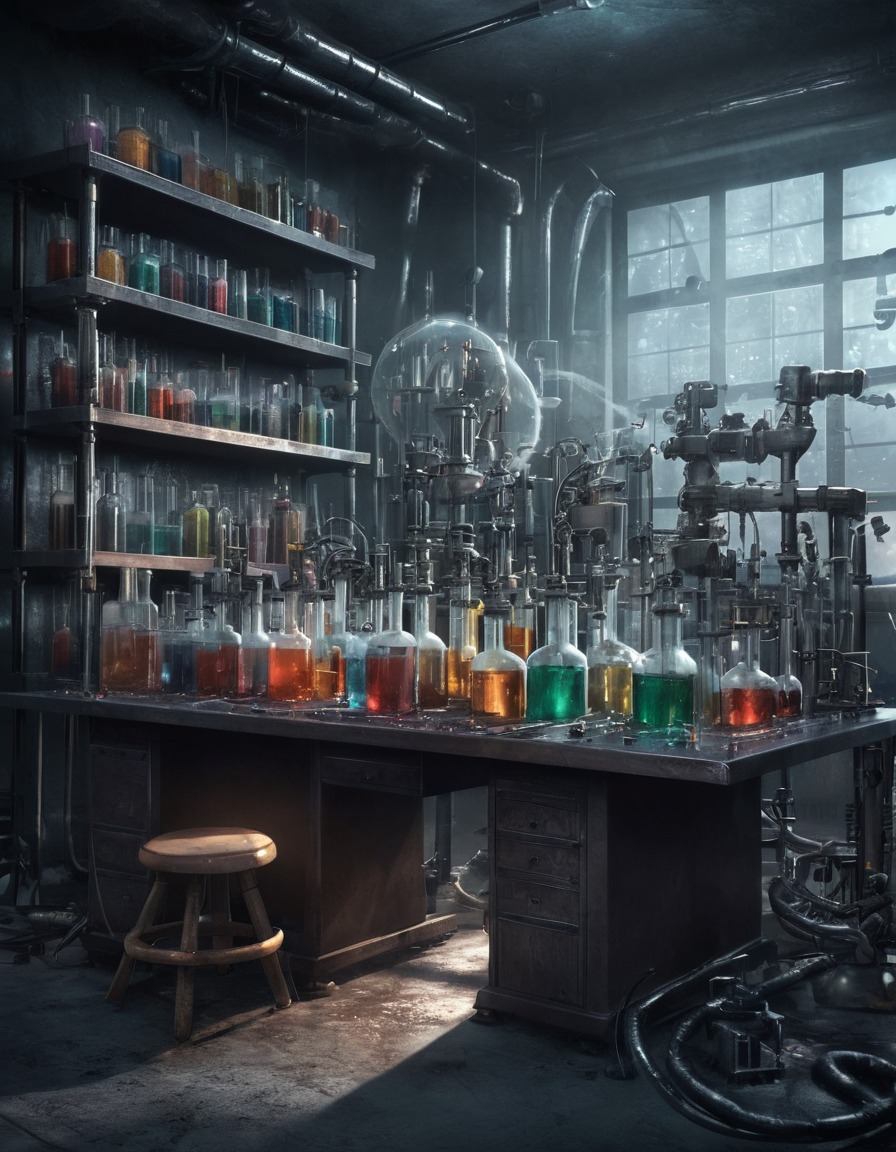 mad scientist, laboratory, vials, machinery, experimentation, lovecraft, howard lovecraft