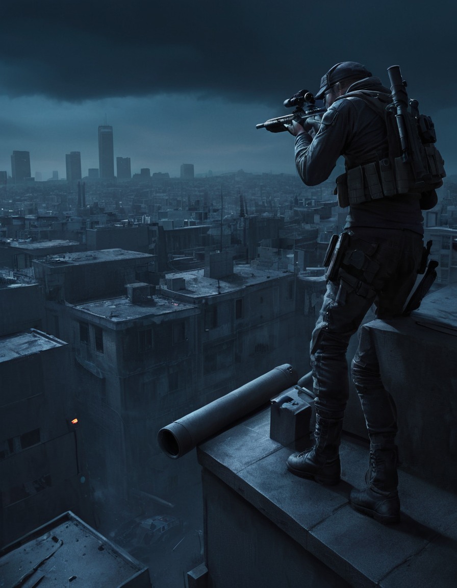 sniper, rooftop, urban warfare, surveillance, cityscape, war, usa