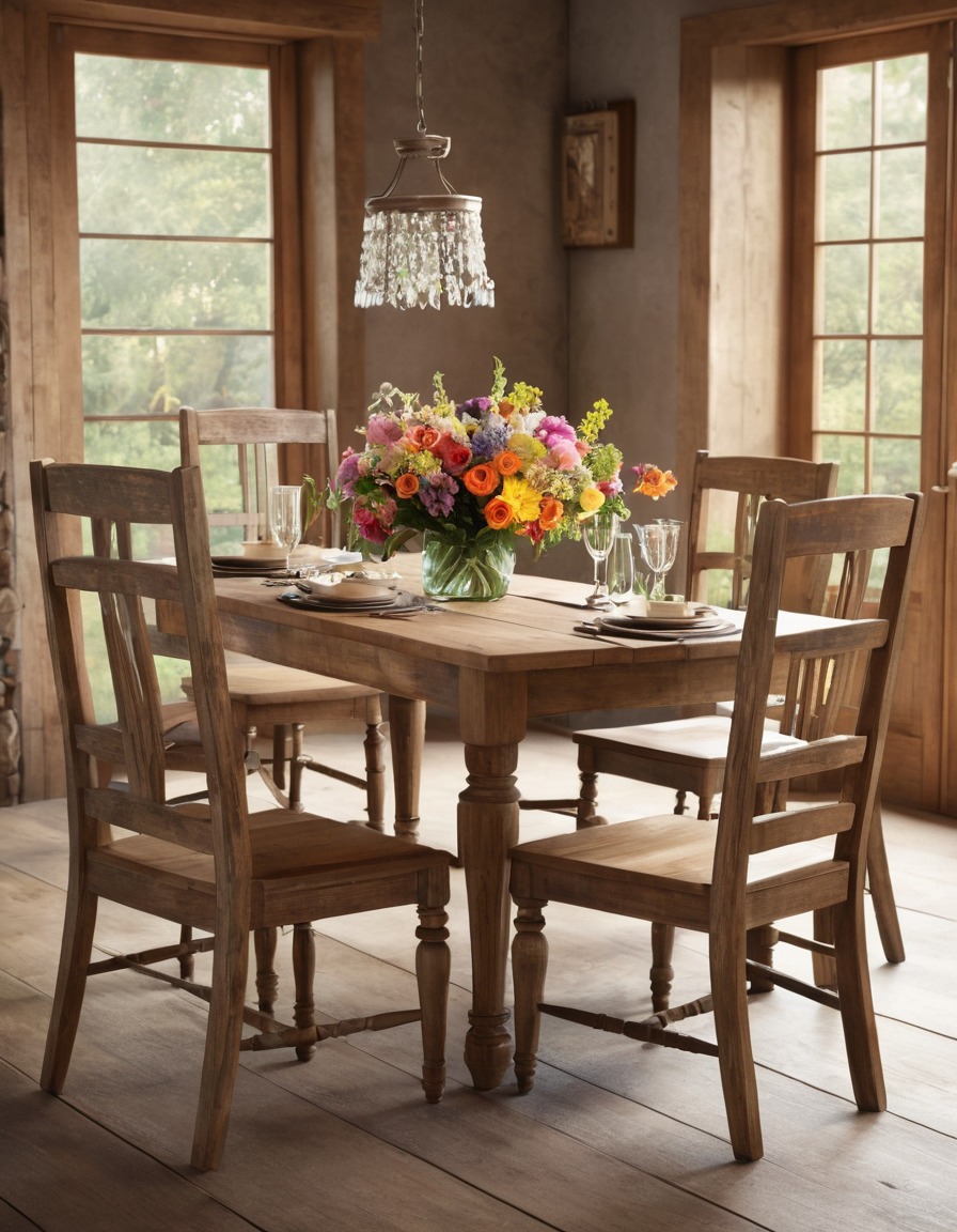 rustic, wooden, dining table, mismatched chairs, fresh flowers, centerpiece, home, interior