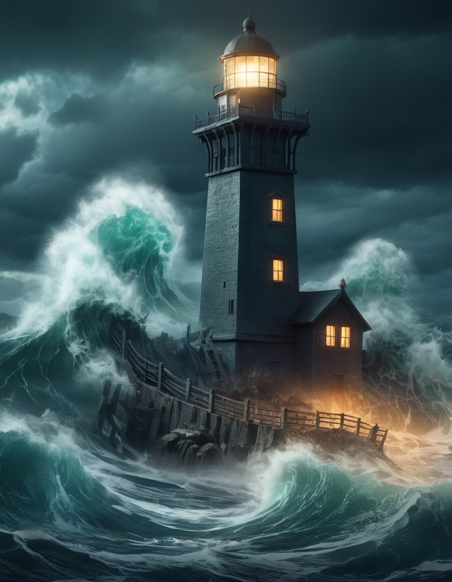 stormy sea, massive waves, lighthouse, eldritch horrors, dramatic scenery, lovecraft, howard lovecraft