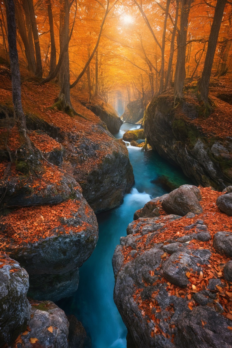 autumn, creek, forest, landscape, orange, red, river, slovenia, tree, korita, mostnice