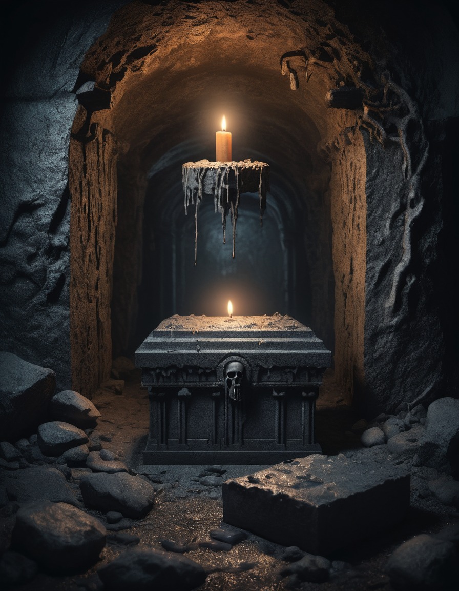 crypt, sarcophagi, candle wax, eerie, whispers, underground, gothic, dark