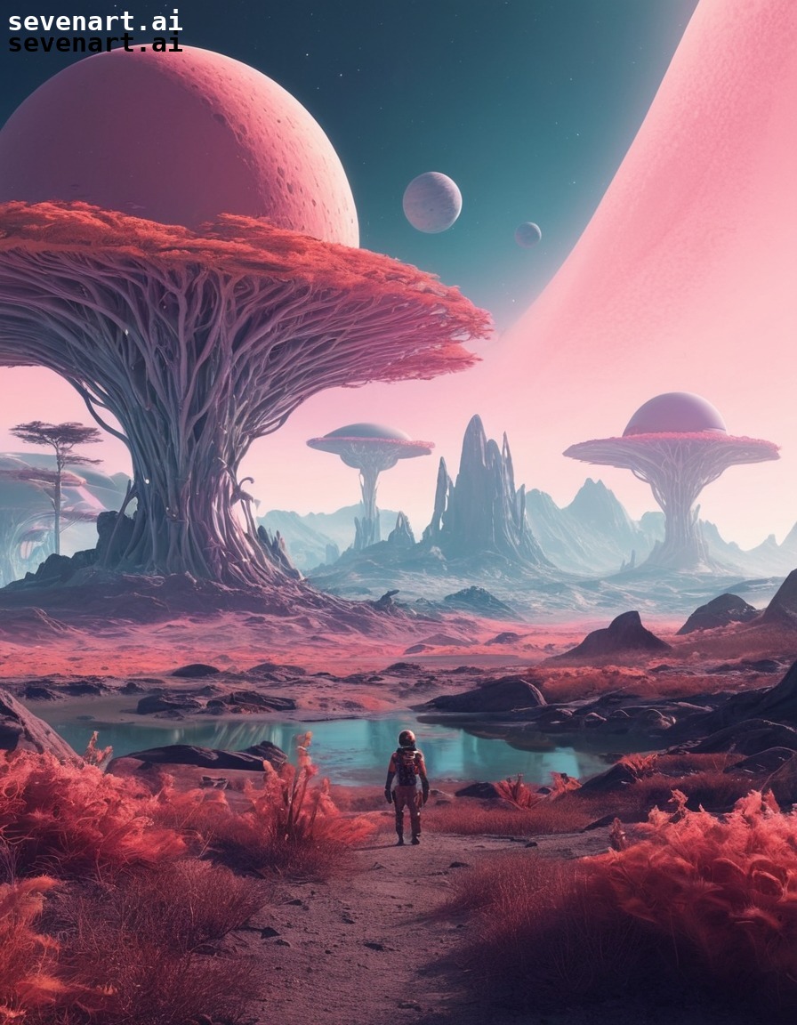 surreal, landscape, distant planet, alien flora, alien fauna, space, stars